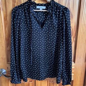 LOFT Black Polka Dot Long-Sleeve Blouse with Tie Neck